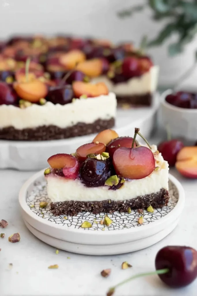 Cherry Pistachio Cheesecake Bars with fresh cherries and pistachio crust
