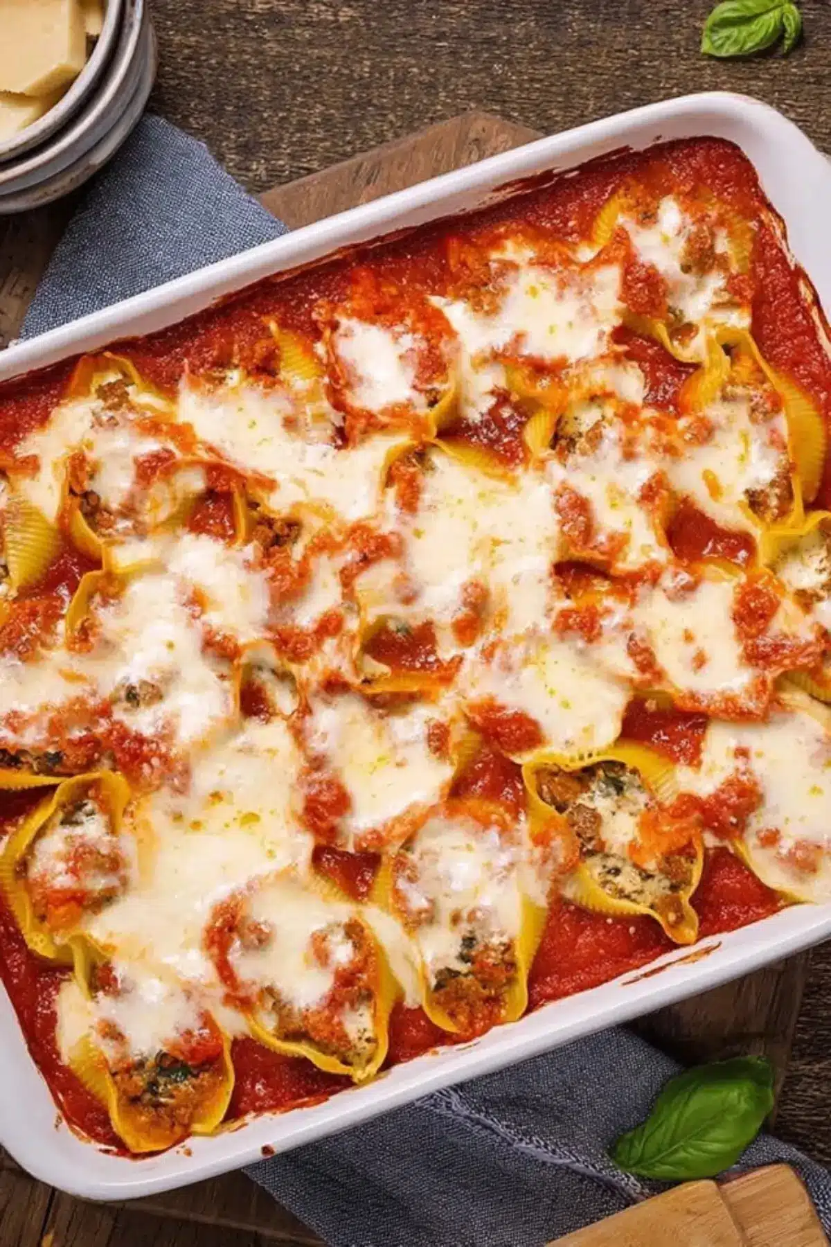 creamy ricotta beef stuffed shells pasta dish with melted cheese