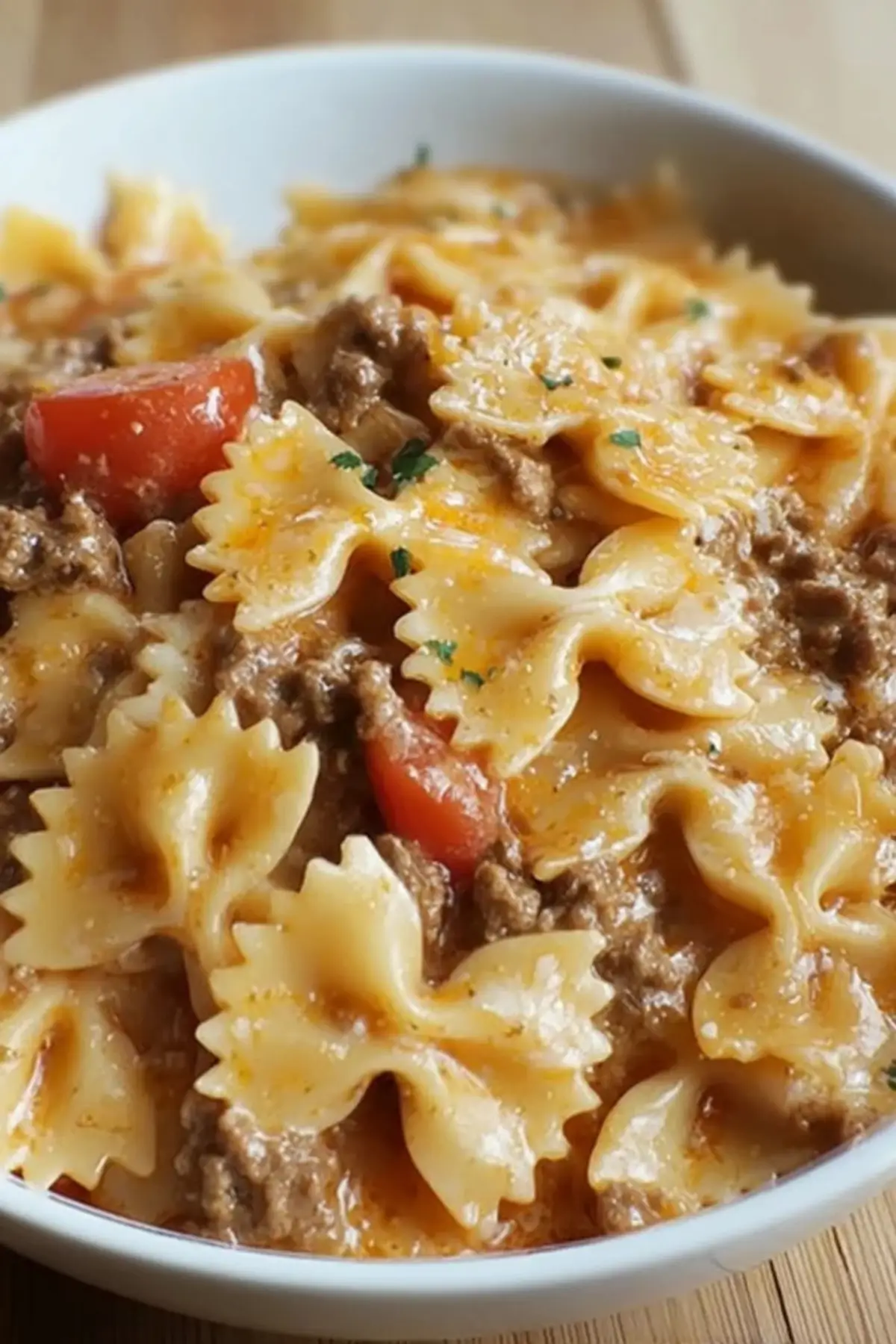 creamy velveeta beef and bowtie pasta