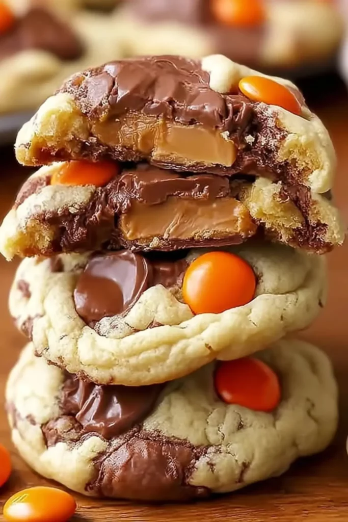 Gooey Reese's cheesecake cookies with chocolate drizzle