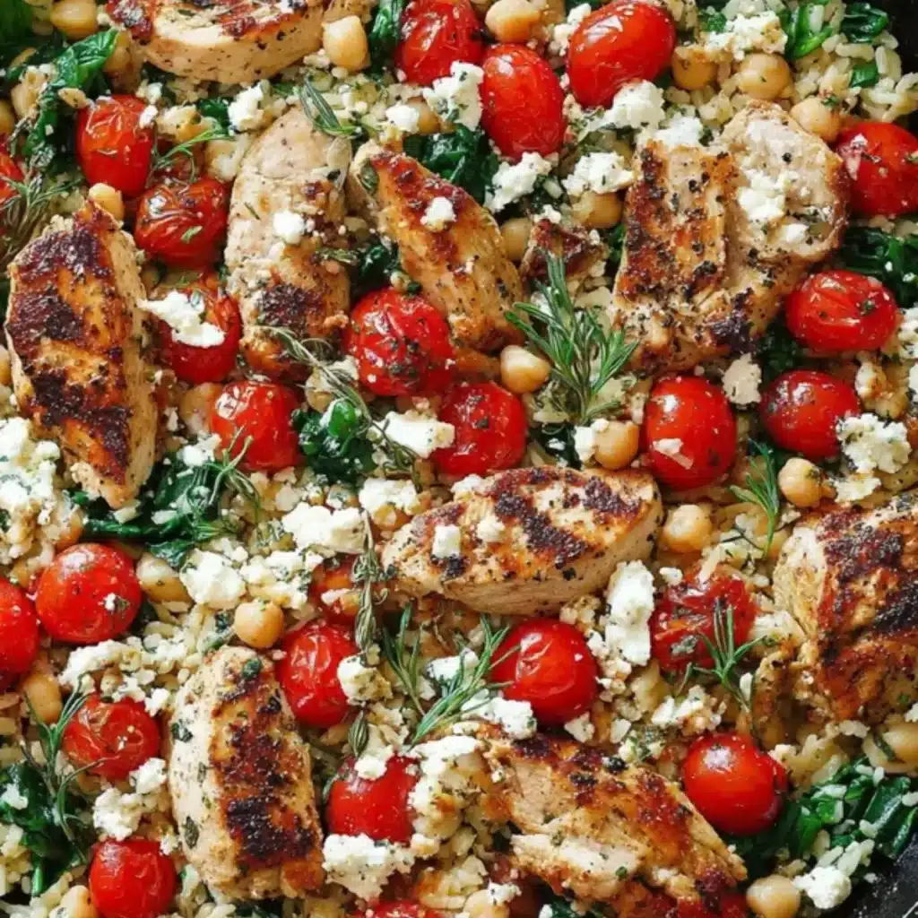 "Greek Chicken and Lemon Rice chicken rice feta tomatoes"