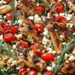 "Greek Chicken and Lemon Rice chicken rice feta tomatoes"