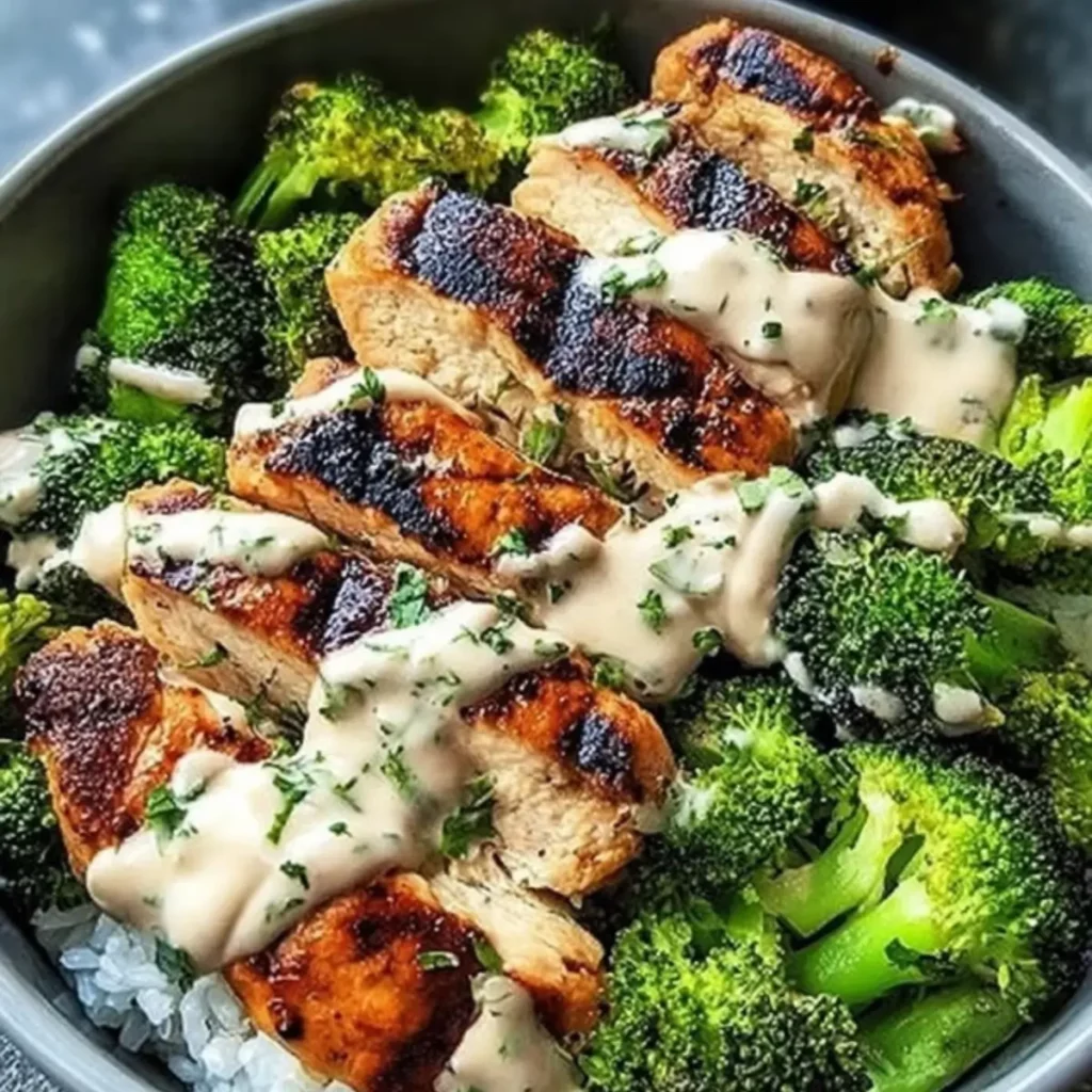 Grilled Chicken & Broccoli Bowls with Creamy Garlic Sauce