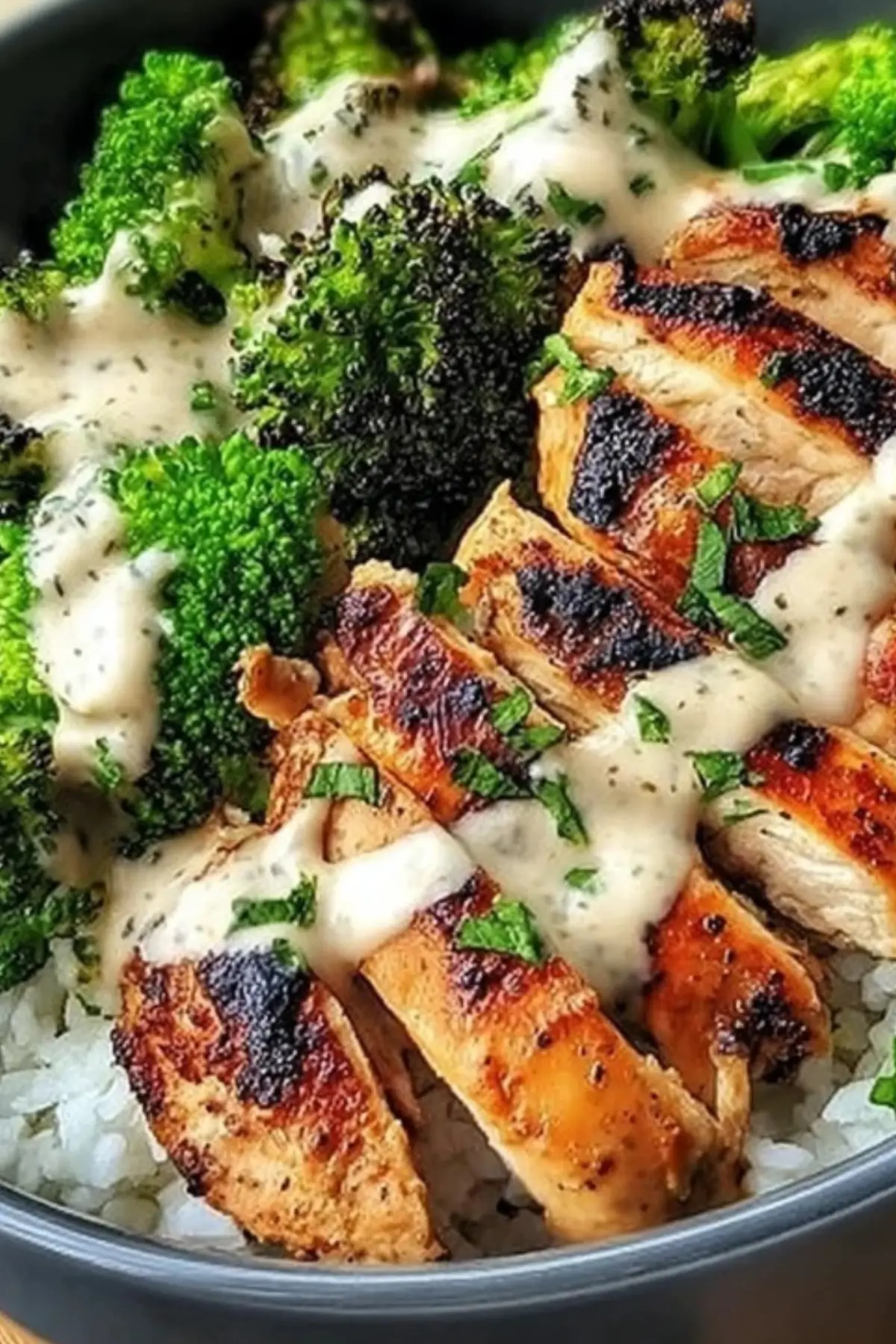 Grilled Chicken & Broccoli Bowls with Creamy Garlic Sauce