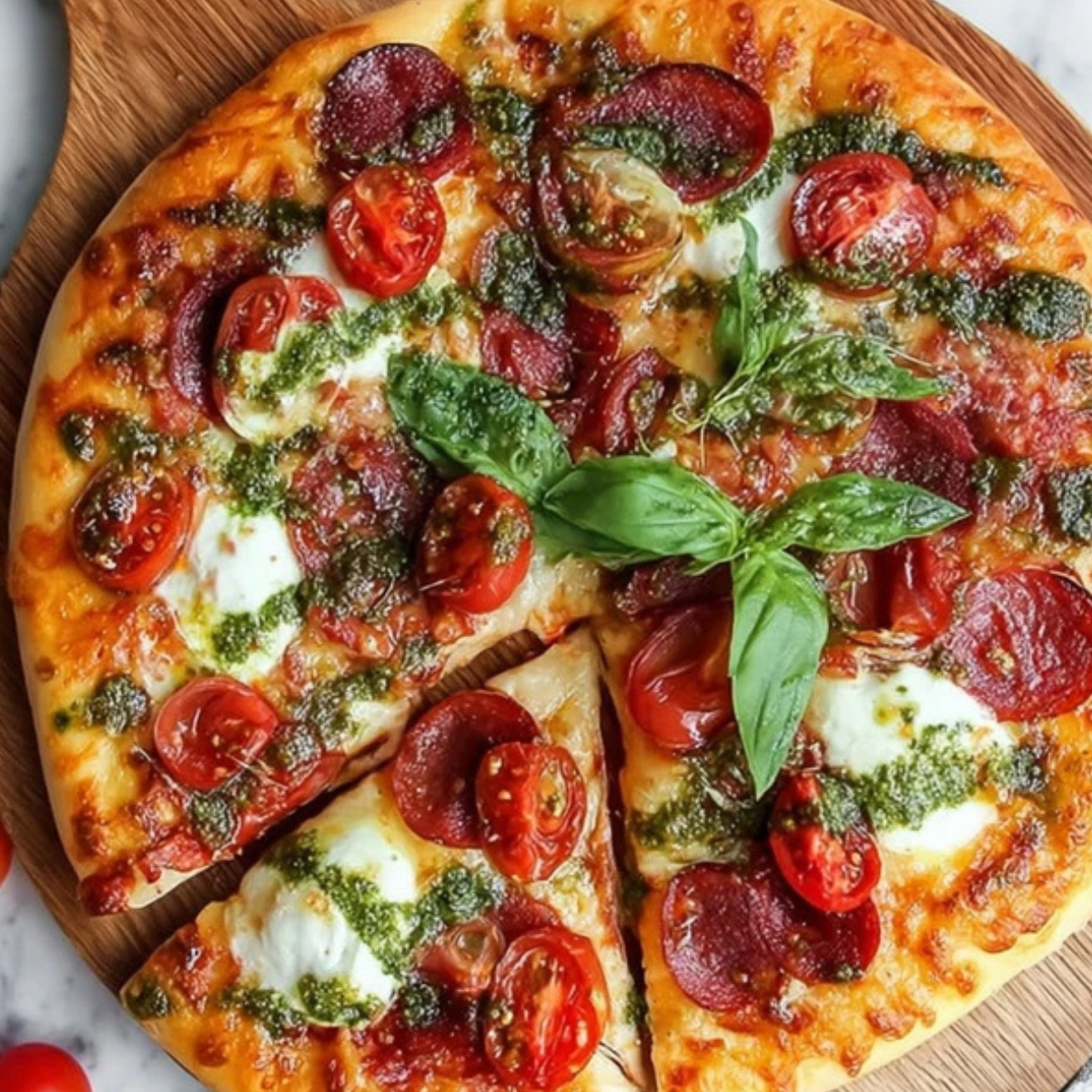 Pepperoni and Burrata Pizza with Pesto