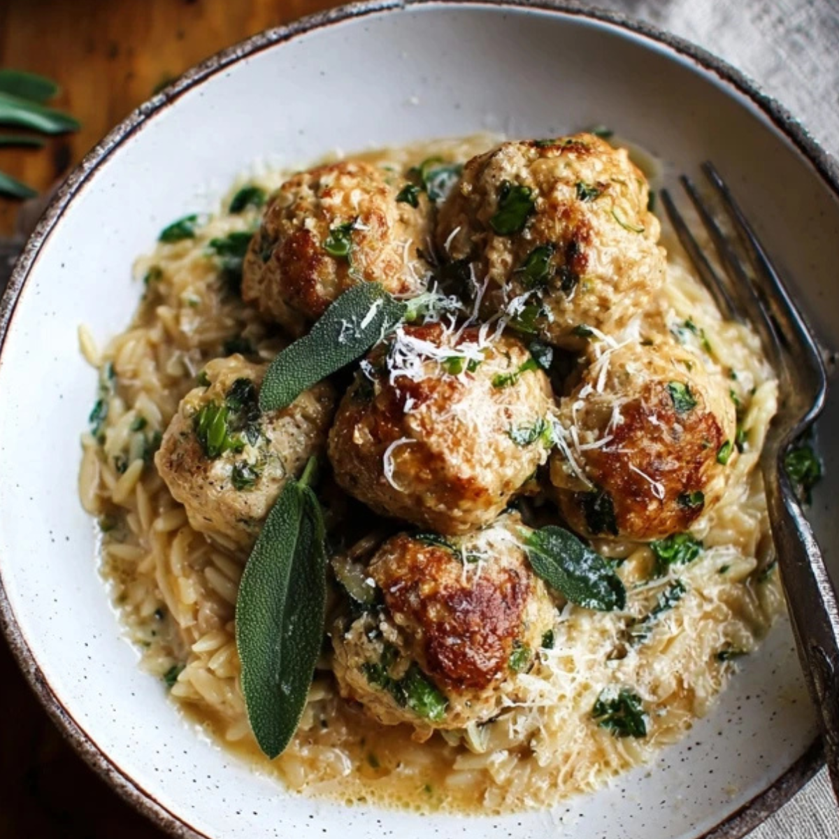 Baked Sage Chicken Meatballs with Parmesan Orzo
