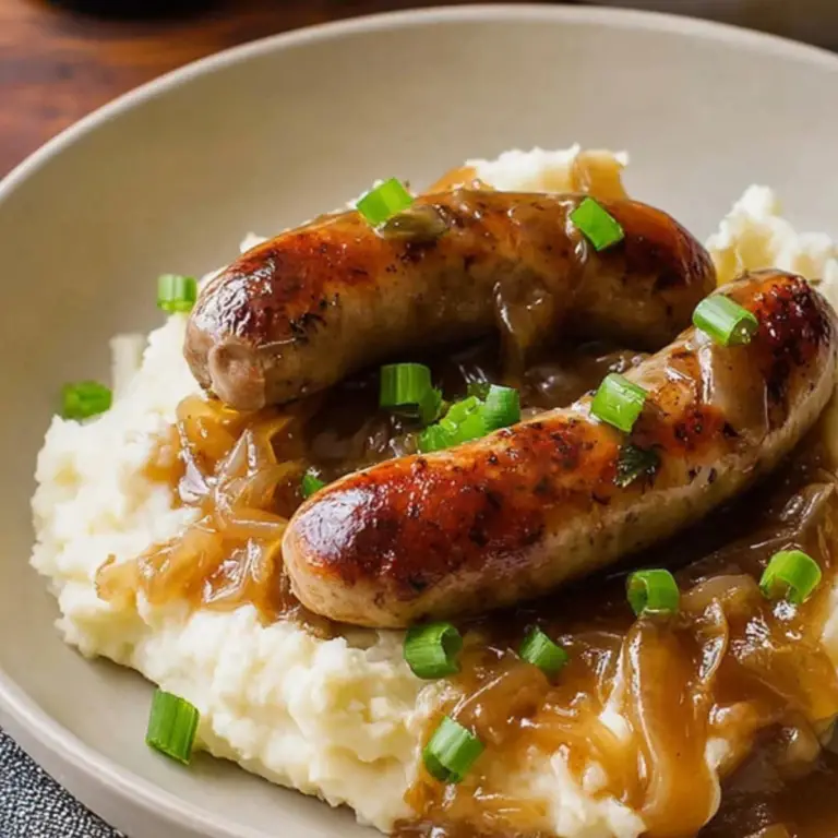 Irish Bangers and Mash with Guinness Onion Gravy