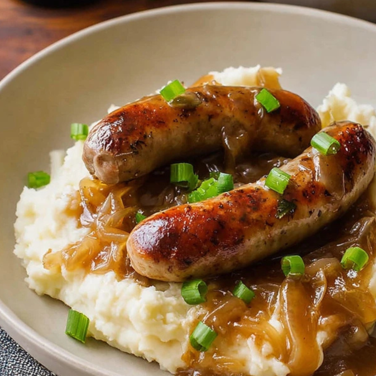 Irish Bangers and Mash with Guinness Onion Gravy
