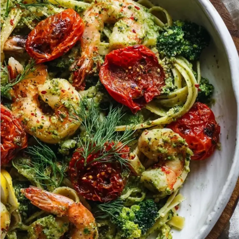 Shrimp Pasta with Dill Pesto and Garlic Roasted Tomatoes