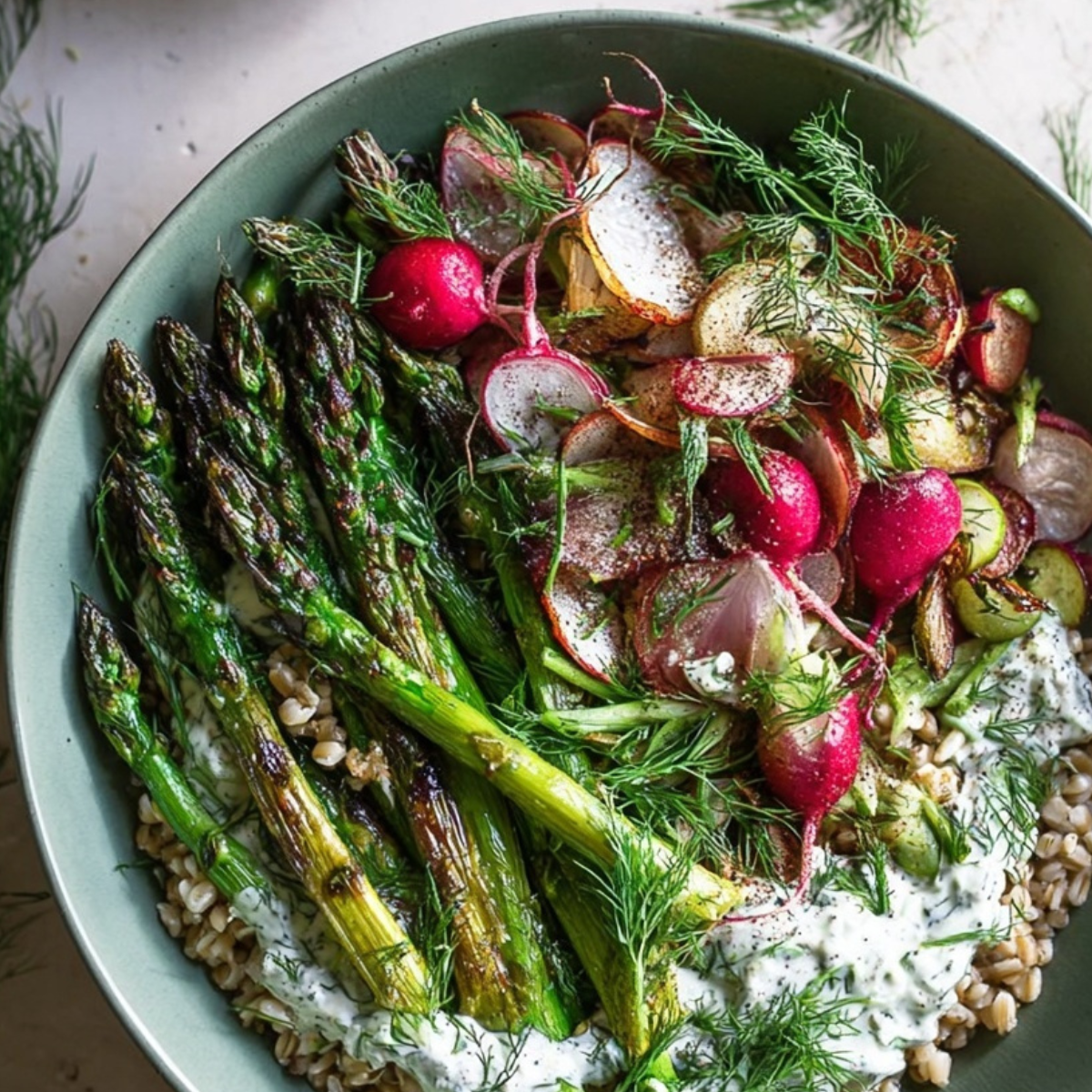 Spring Farro Bowl with Herb Yogurt Sauce