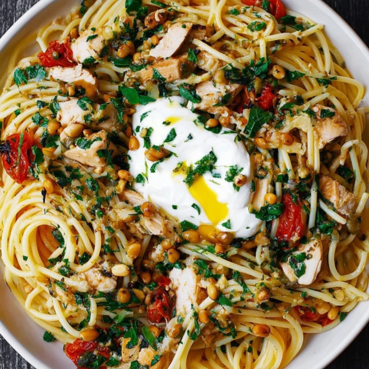 Chicken Spaghetti with Burrata and Lemon Butter Garlic Sauce