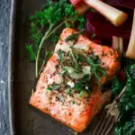Baked Salmon with Rhubarb served with roasted spring vegetables