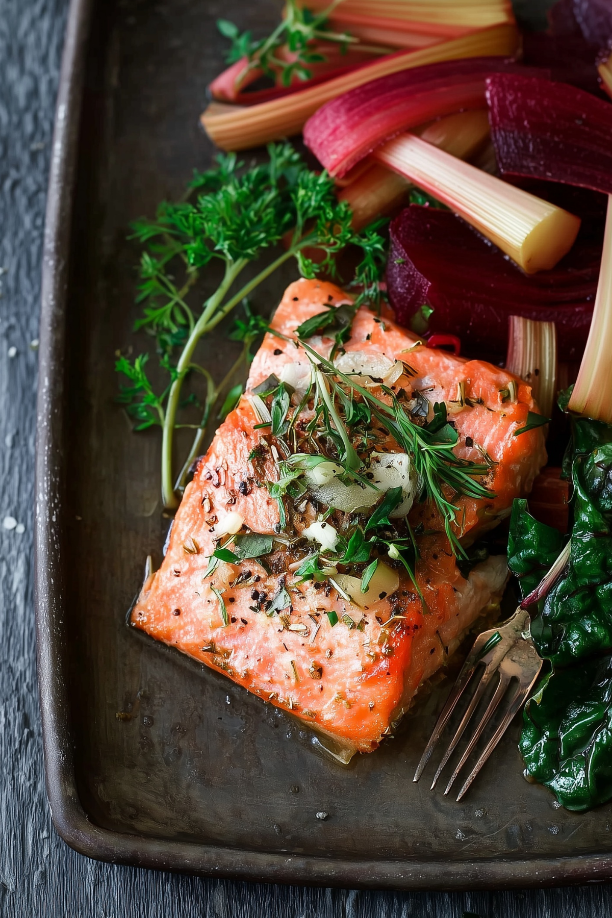 Baked Salmon with Rhubarb served with roasted spring vegetables