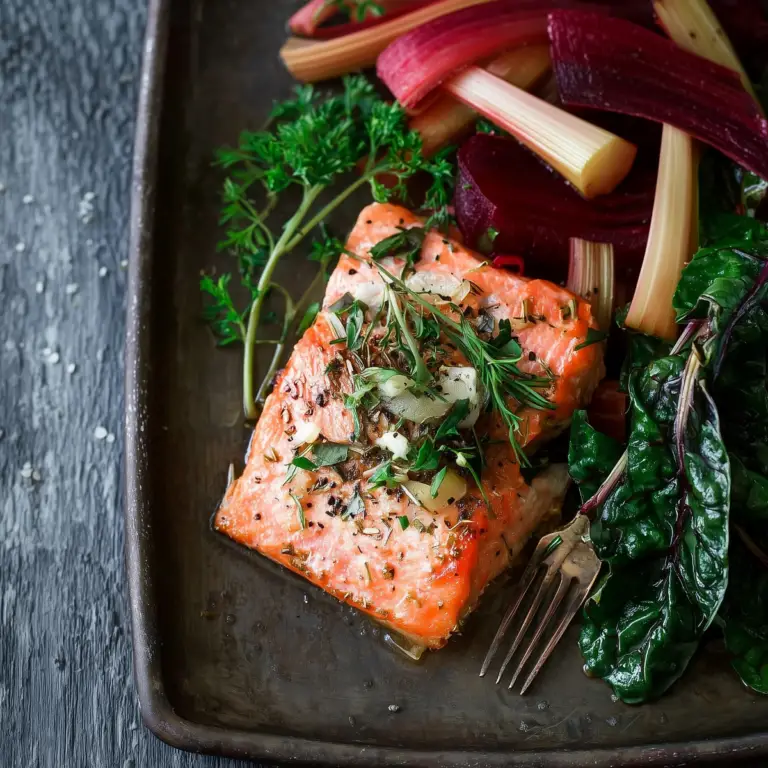 Baked Salmon with Rhubarb served with roasted spring vegetables