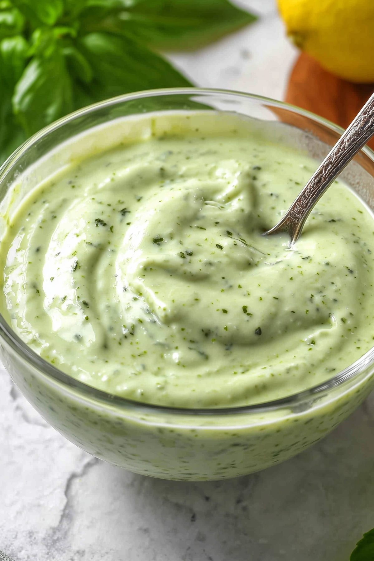 Basil Aioli sauce with fresh basil"