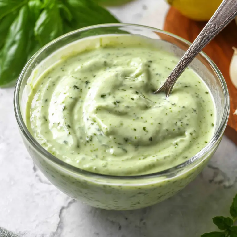 Basil Aioli sauce with fresh basil"