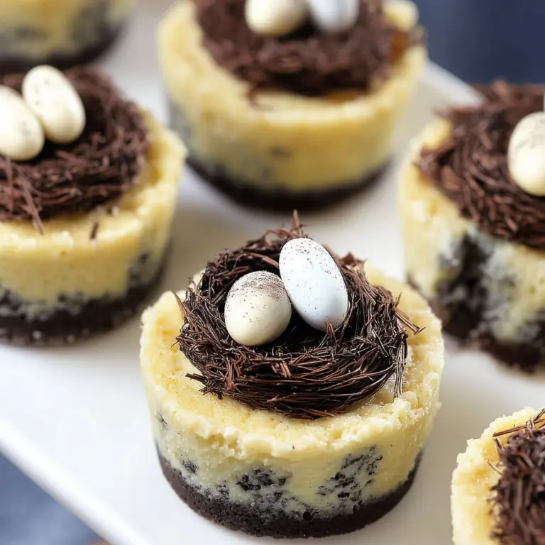 Bird's Nest Mini Oreo Cheesecakes with chocolate nest and candy eggs"