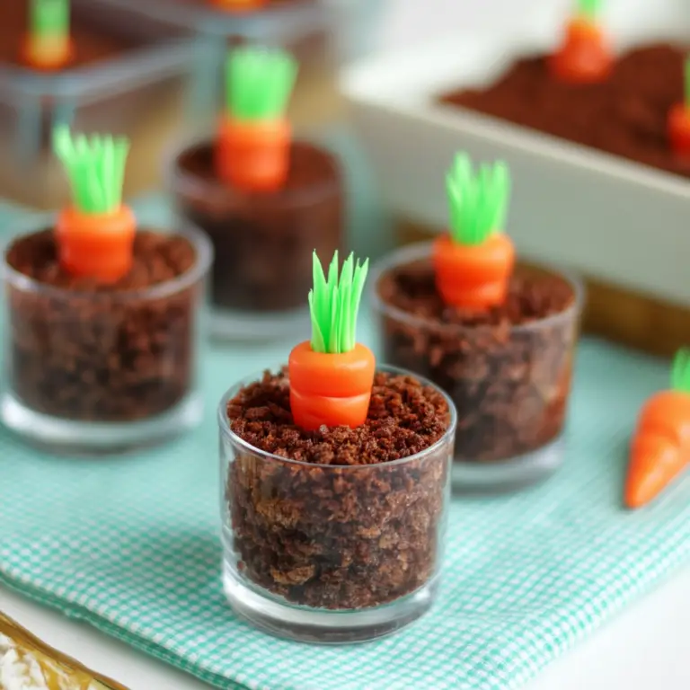 Brownie Carrot Patch Easter dessert with brownie crumbs and frosting carrots