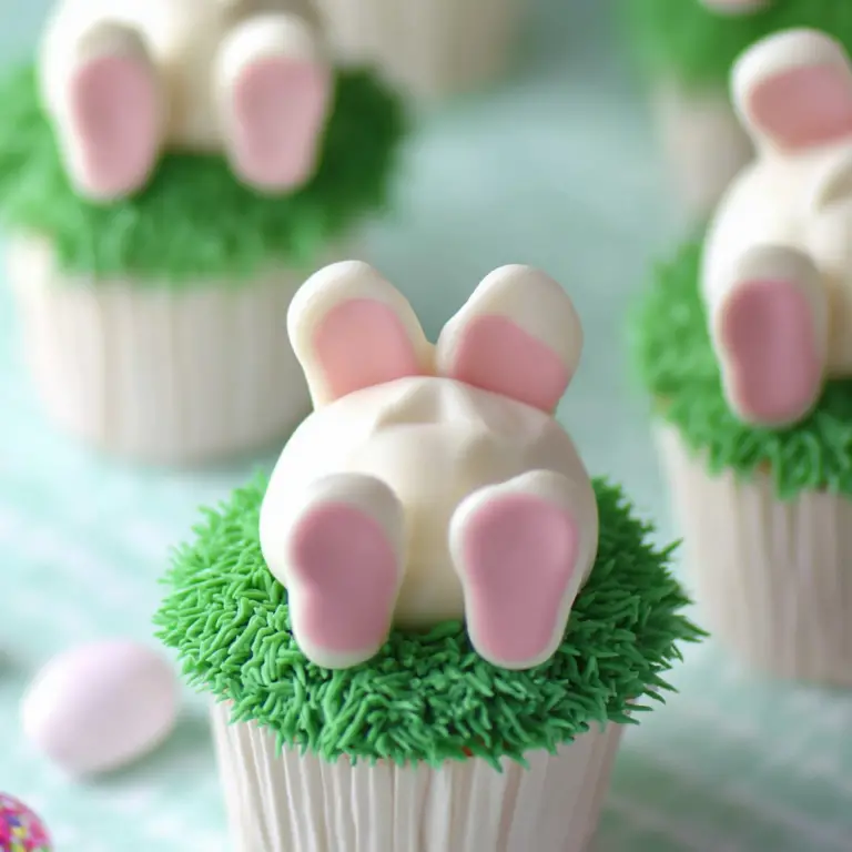 Bunny Butt Cupcakes decorated with grass frosting and fondant feet for Easter.