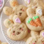 Bunny sugar cookies decorated with chocolate and sprinkles.