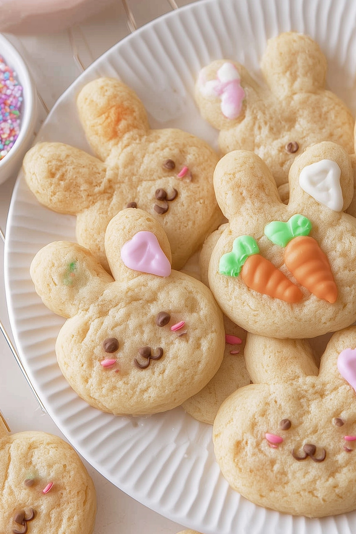 Bunny sugar cookies decorated with chocolate and sprinkles.