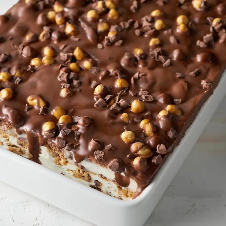 Buster Bar Ice Cream Cake with chocolate fudge and peanuts