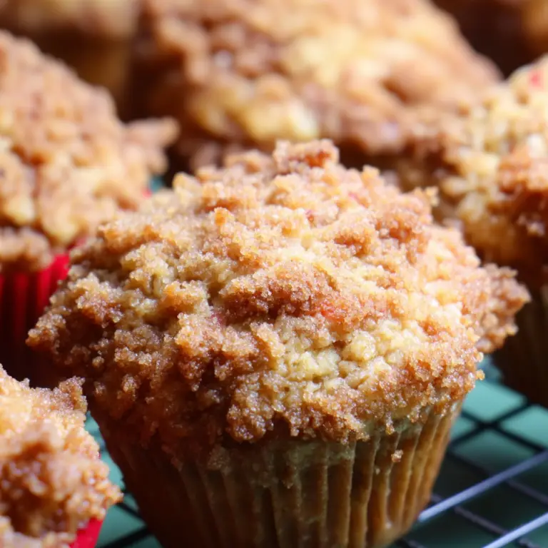 Buttermilk Rhubarb Muffins with Sugar Crumble fresh from oven