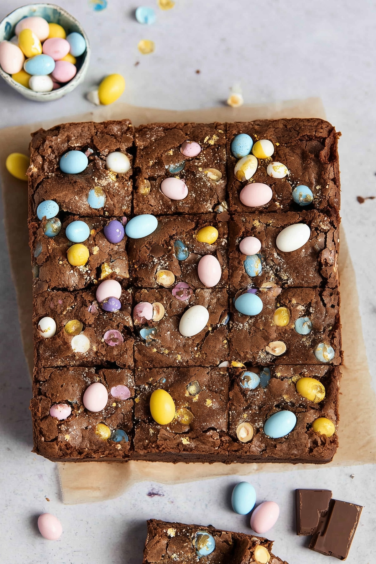 Mini Egg Brownies topped with colorful candy-coated chocolate eggs