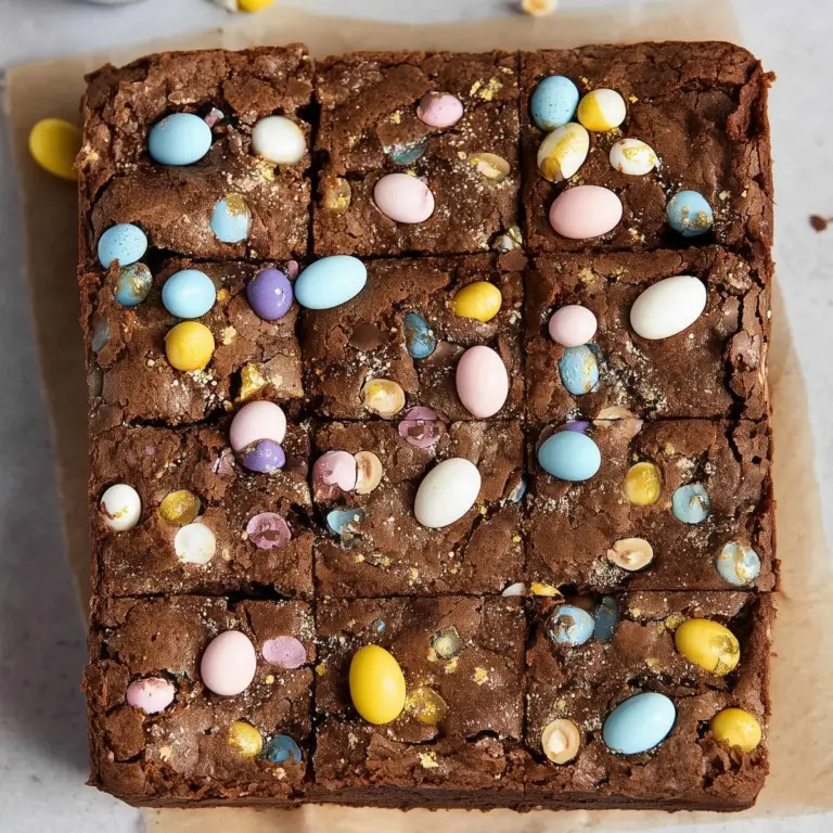 Mini Egg Brownies topped with colorful candy-coated chocolate eggs