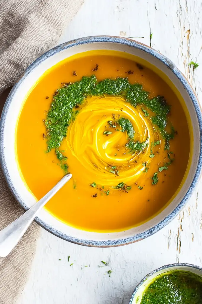 Carrot Soup with Chermoula in a bowl with fresh herbs