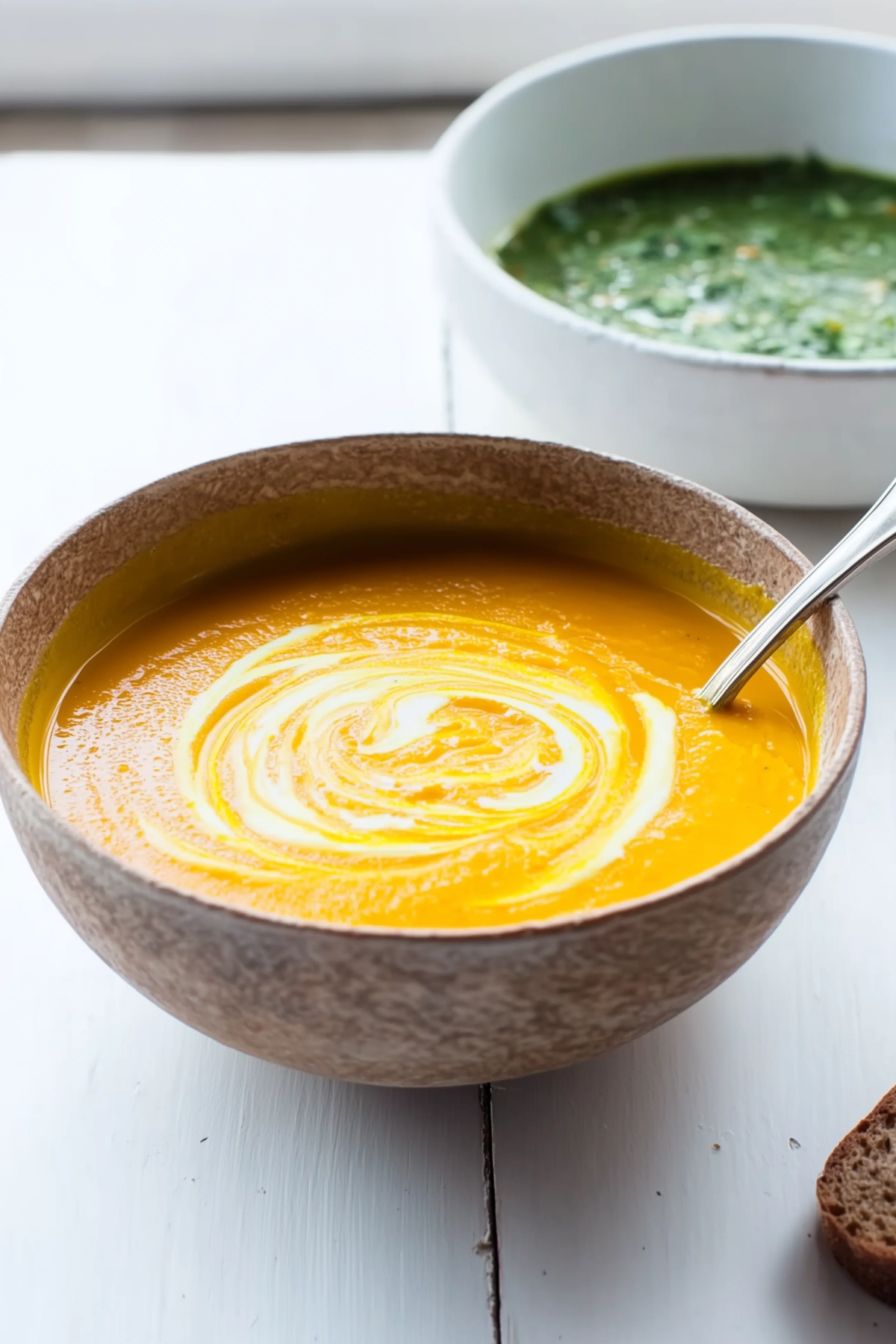 Carrot Soup with Chermoula in a bowl with fresh herbs