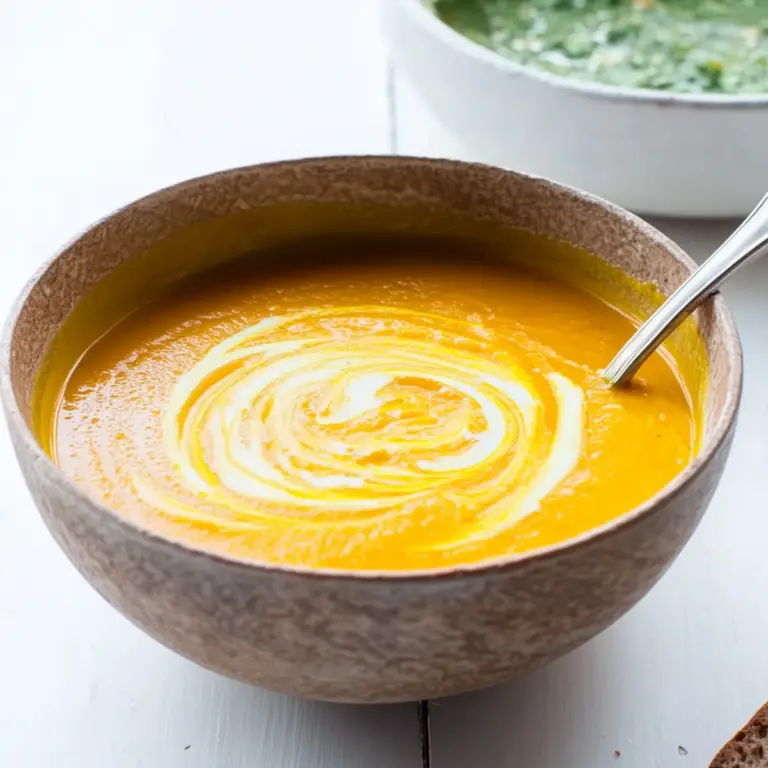 Carrot Soup with Chermoula in a bowl with fresh herbs