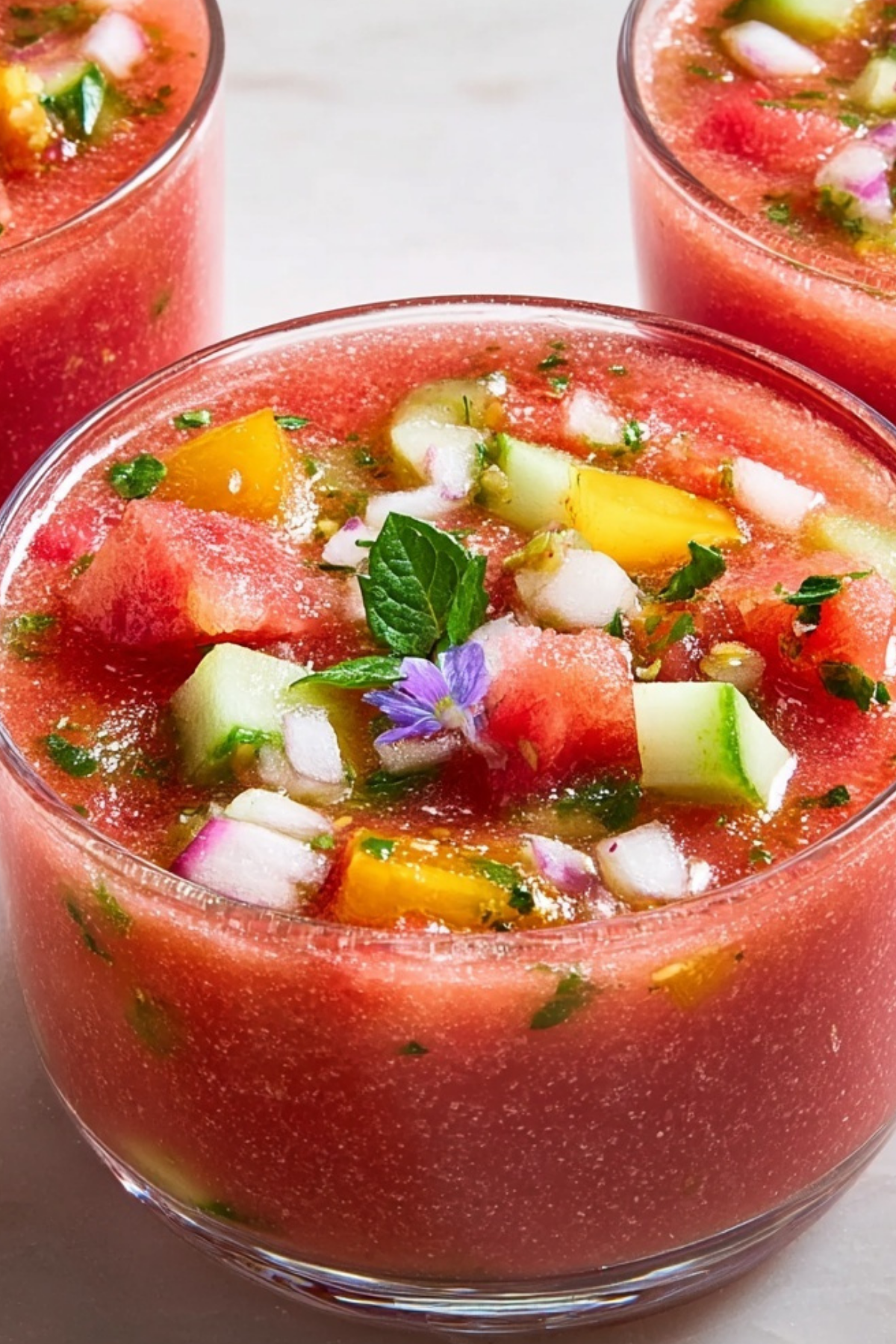 Watermelon Gazpacho served in a bowl with fresh herbs and vegetables