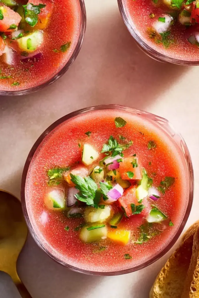 Watermelon Gazpacho served in a bowl with fresh herbs and vegetables