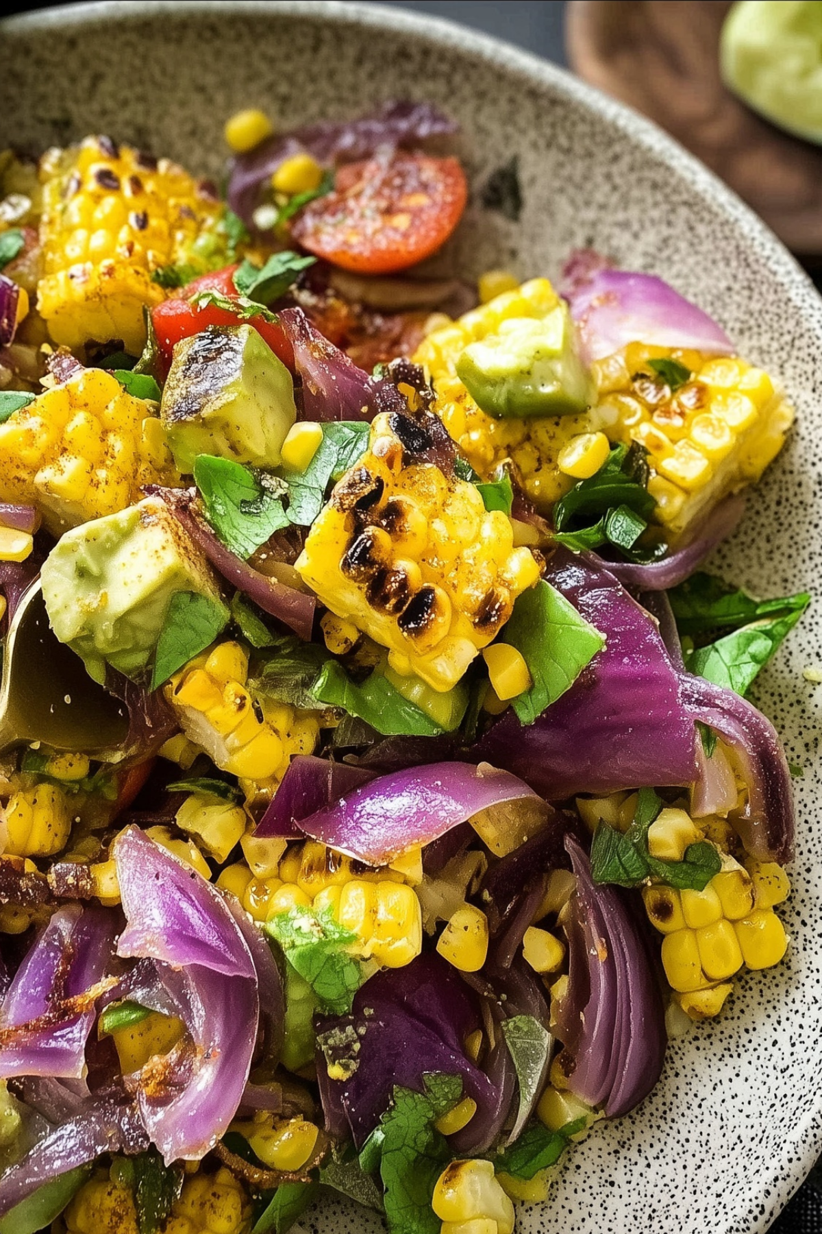 Charred Corn Avocado Salad with Roasted Red Onions