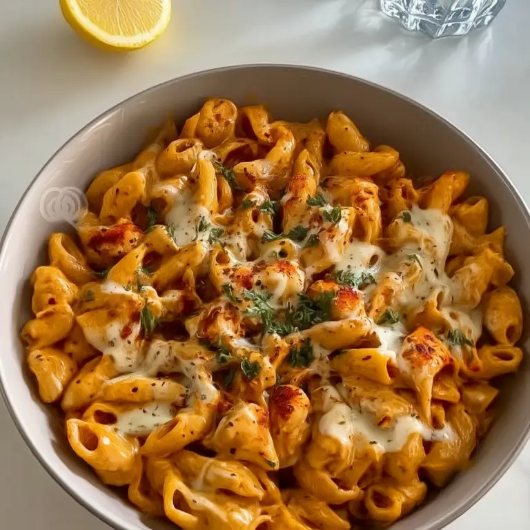 Cheesy chicken pasta served with creamy sauce and pasta shells