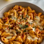 Cheesy chicken pasta served with creamy sauce and pasta shells