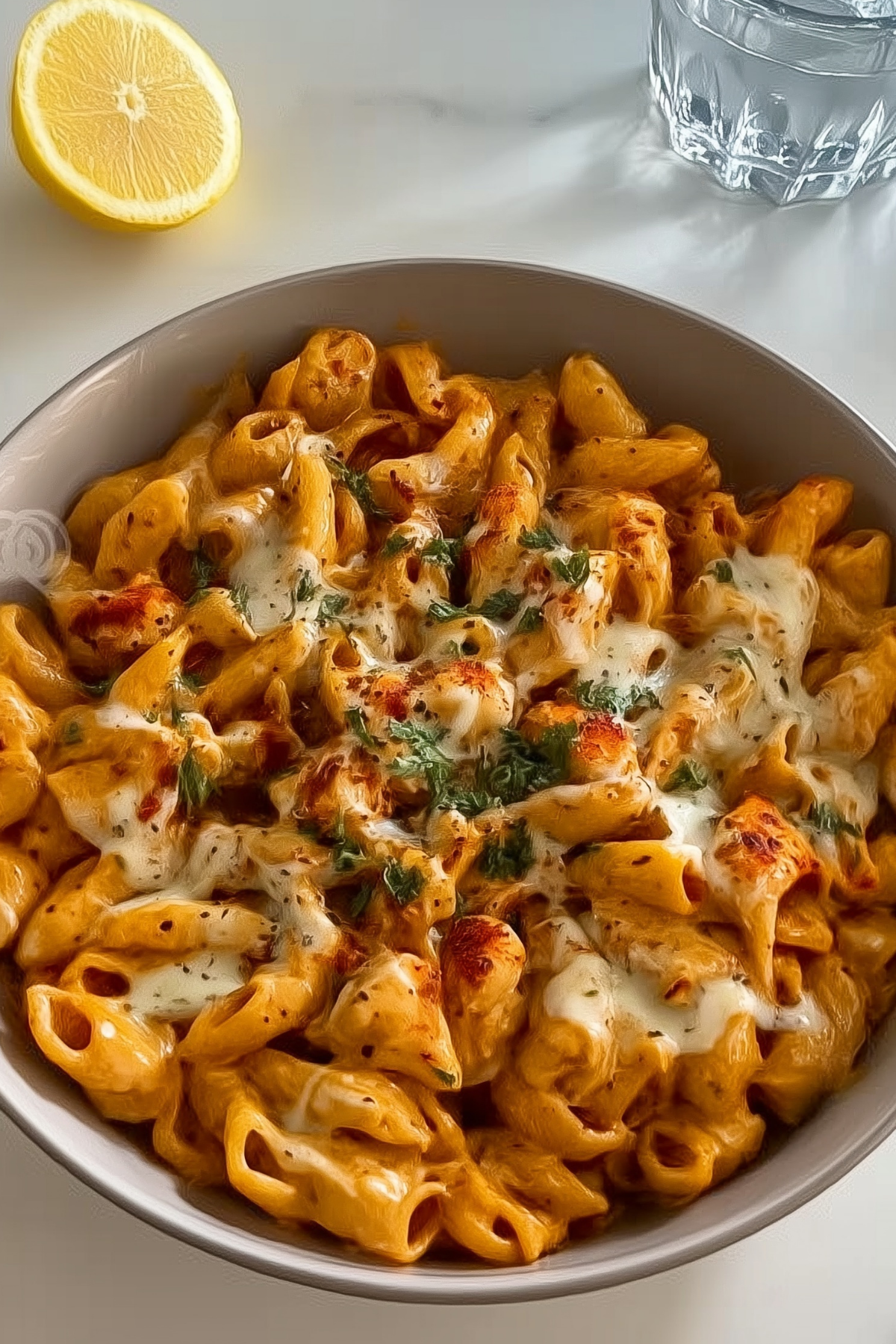 Cheesy chicken pasta served with creamy sauce and pasta shells