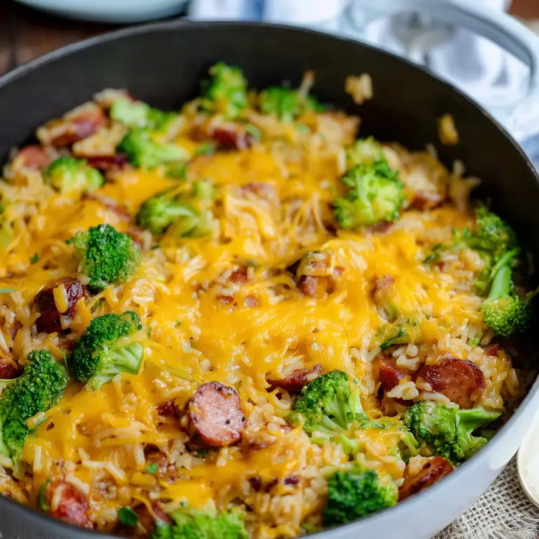 Cheesy Kielbasa Rice and Broccoli Skillet – One-Pan Dinner