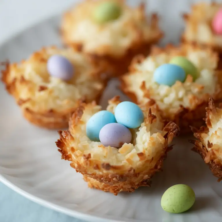 Coconut Macaroon Nests topped with candy eggs for Easter