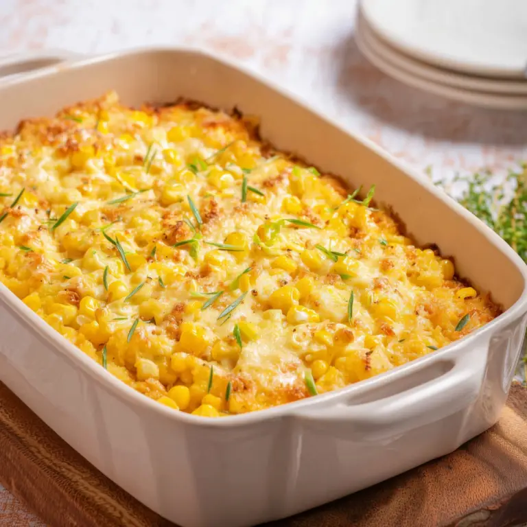 Corn casserole with cream cheese in a baking dish