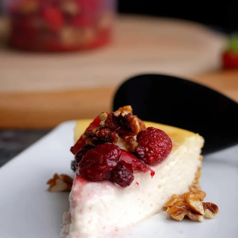 Creamy Cottage Cheese Cheesecake served with fresh berries