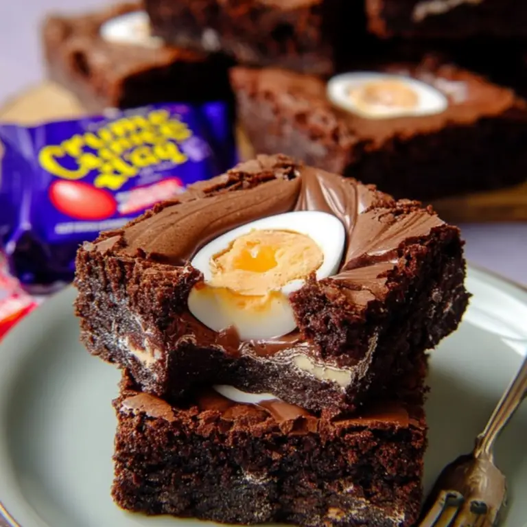 Creme Egg Brownies with gooey chocolate center and fudgy texture