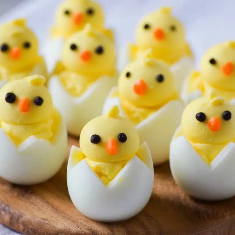 Deviled Egg Chicks with carrot beaks and olive eyes