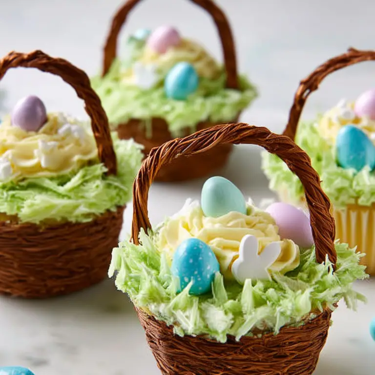 Easter Basket Cupcakes decorated with coconut grass and candy eggs
