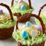 Easter Basket Cupcakes decorated with coconut grass and candy eggs