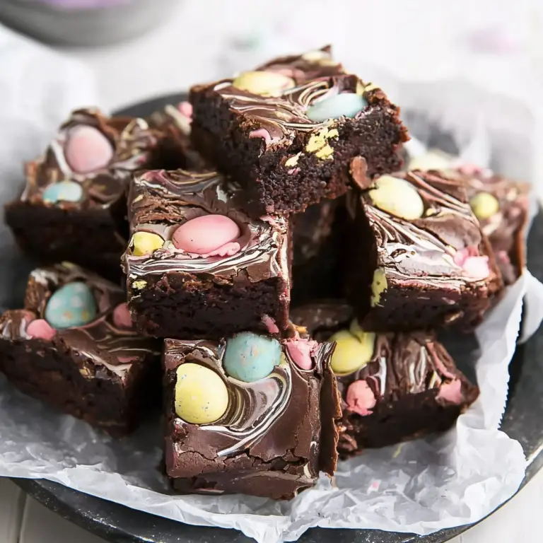 Easter Brownies decorated with colorful chocolate bark and candy eggs
