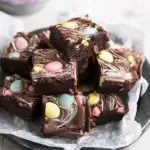Easter Brownies decorated with colorful chocolate bark and candy eggs