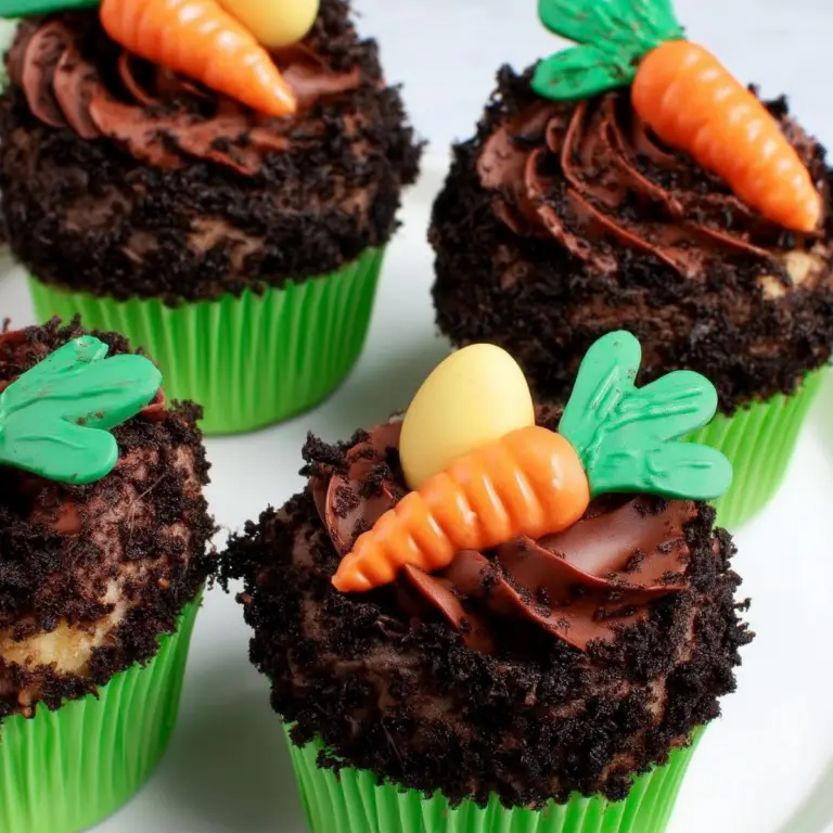Easter chocolate cupcakes decorated with chocolate-covered strawberries and crushed Oreo crumbs.