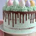 : Easter Speckled Egg Drip Cake with colorful mini eggs and chocolate ganache